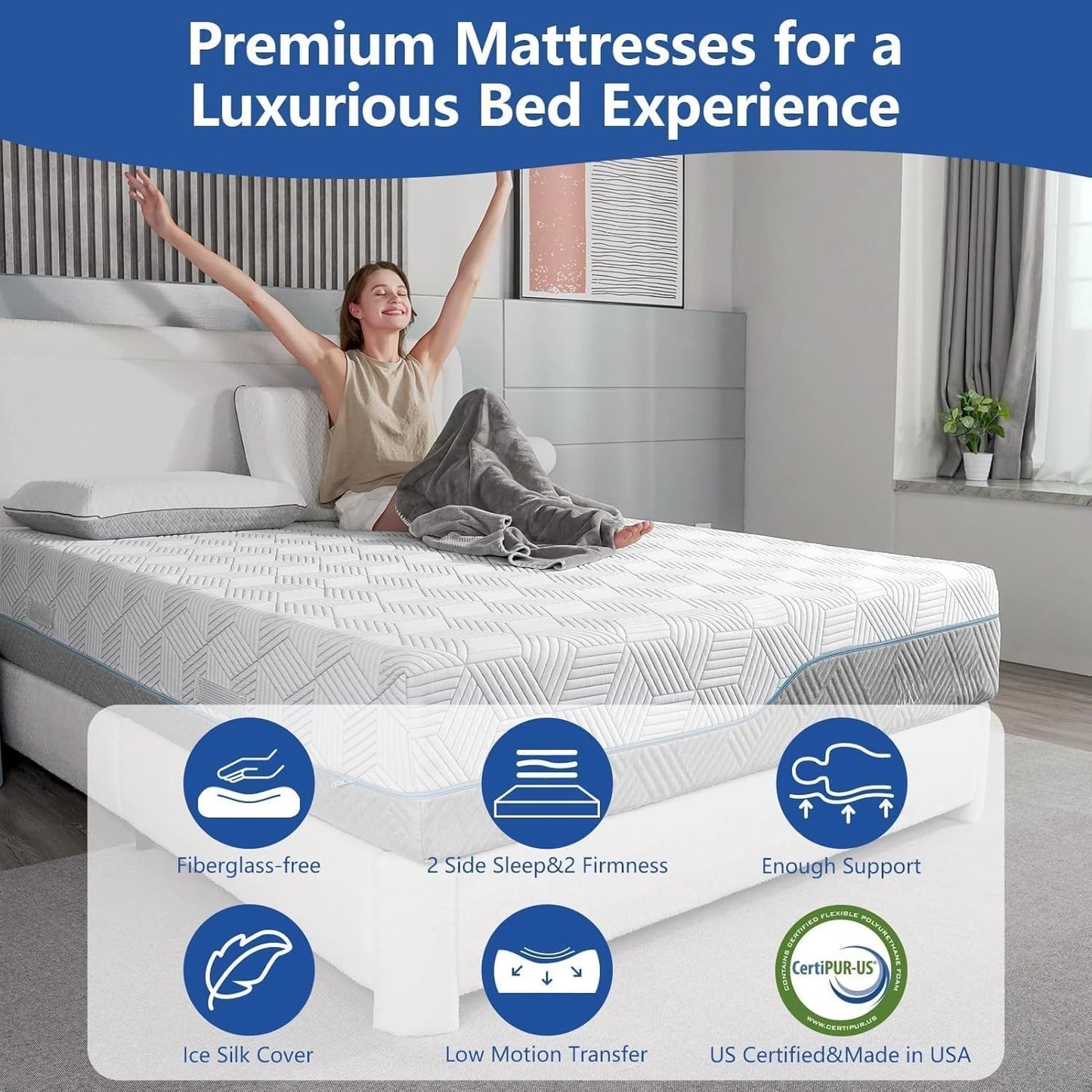 14" Extra Firm Hybrid Mattress - Cooling Green Tea & Gel Memory Foam with Ice Silk Cover - Orthopedic Support