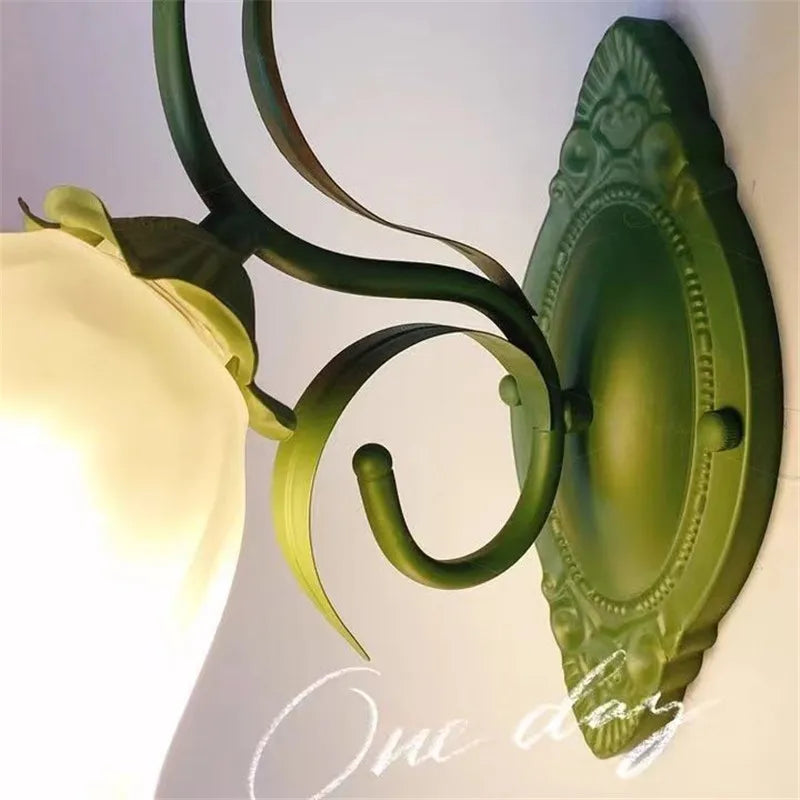 French Flower Wall Light Sconce - Moves Up & Down - Iron Base & Frosted Glass - Indoor Decoration