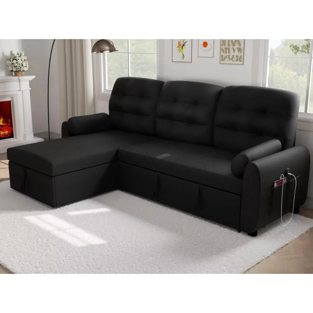 L Shaped Living Room Sectional Sofas - 87" Sleeper Sofa Bed with Side Pocket & Charging Station - Removable Backrest