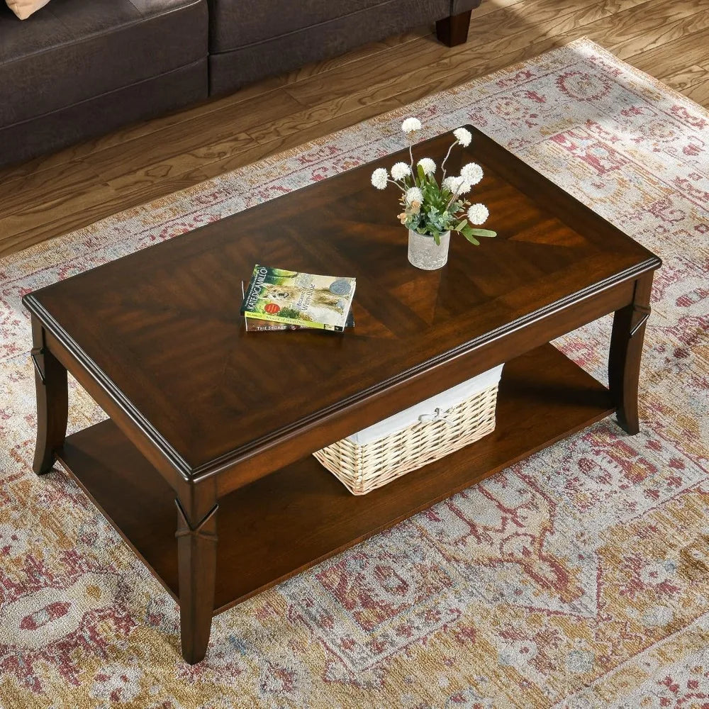 Solid Wood Coffee Table with Storage Shelf - Mid-Century Living Room Table with Wood Carved Tabletop and Legs - 43.3” Splicing