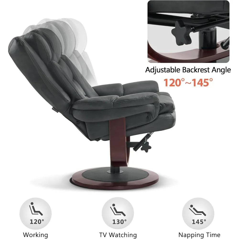 Swivel Recliner with Ottoman - Reclining Chair with Adjustable Back - Faux Leather - Upholstered Lounge Chair for Living Room Or Office