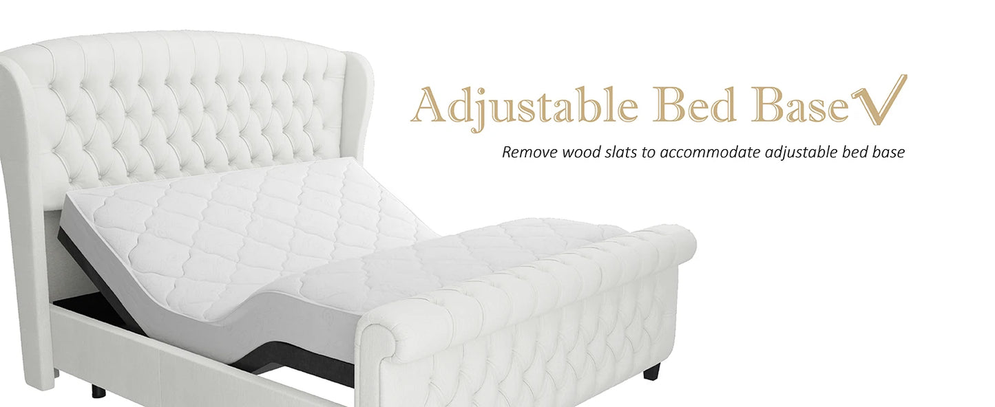 Queen Size Platform Bed Frame - Chenille Upholstered Sleigh Bed with Wingback Headboard - No Box Spring - Cream