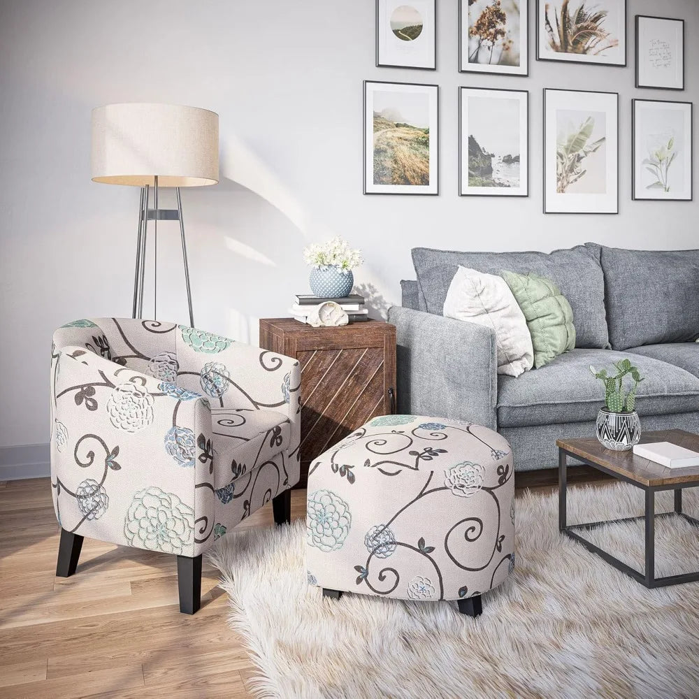 Accent Chair with Ottoman Set of 2 - Curve Back Living Room Chair - Stylish Barrel Club Chair and Footrest Set