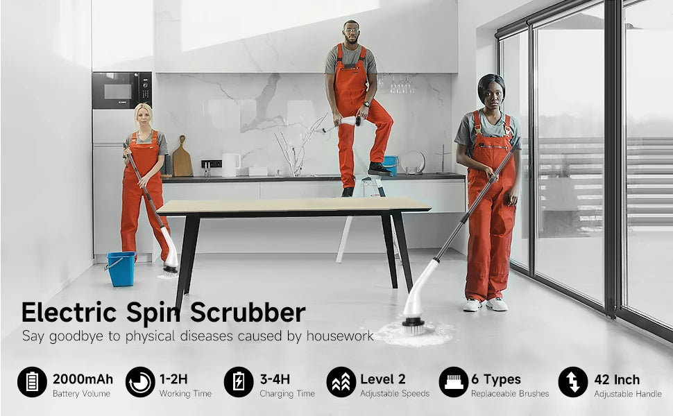 Electric Powerful Spin Scrubber With 8 Replaceable Brush Heads & Detachable Extension Handle - USB Cord
