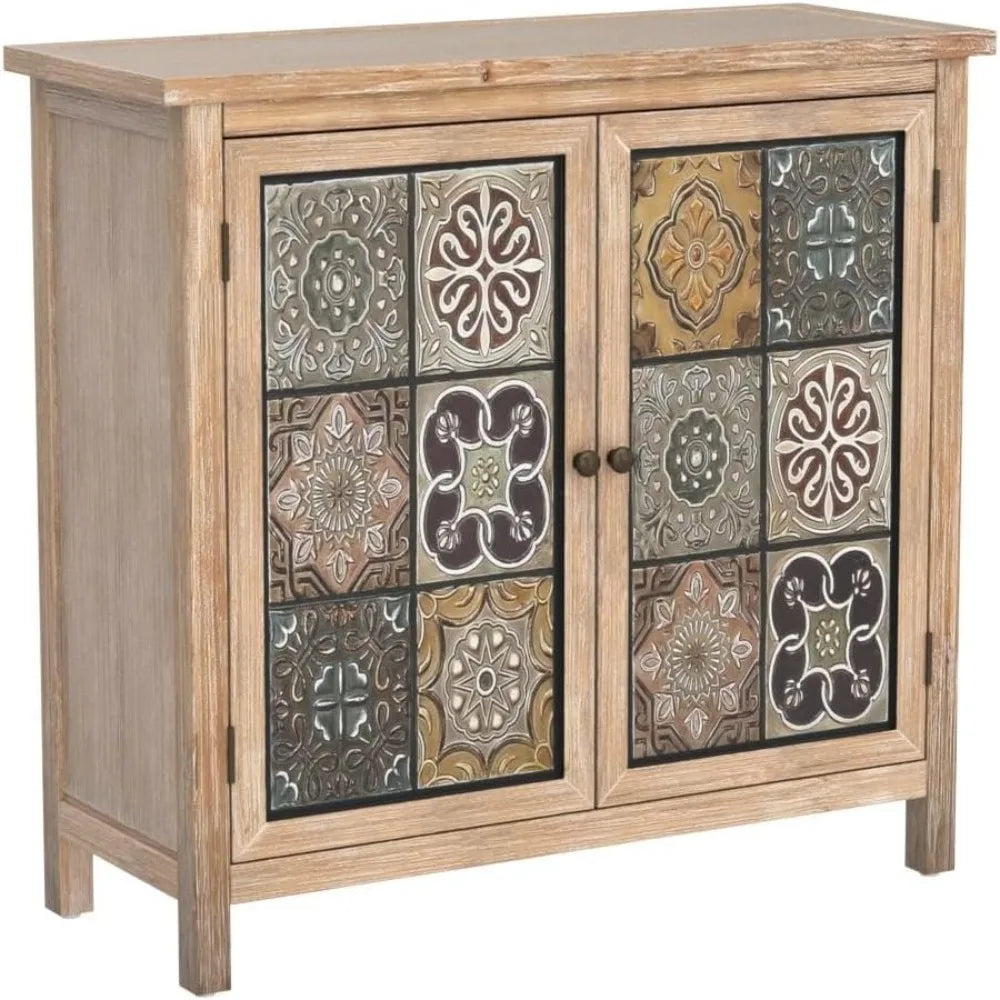 Sophia & William Accent Cabinet with 2 Doors - Distressed Storage Cabinet with Wood Frame and Checkered Patterns - Other Designs