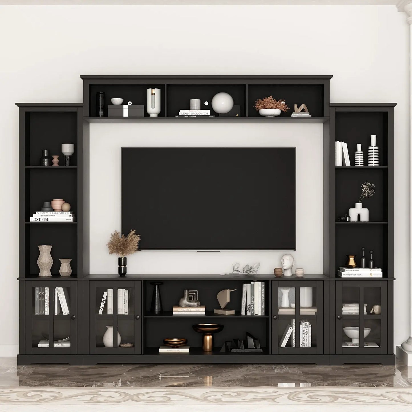 Modern TV Stand for up to 66" TVs - 4-Piece Wall Unit with Bookshelves, Glass Doors & Open Shelves, for Living Room