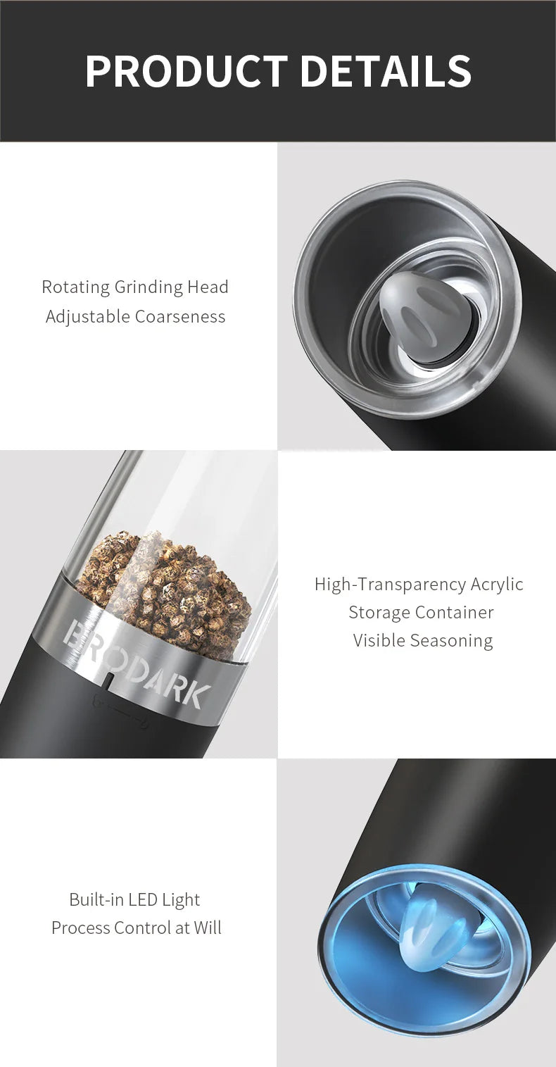 1 or 2pcs Gravity Electric Salt And Pepper Grinder Set - Battery Powered - LED Light - One HandAutomatic Operation