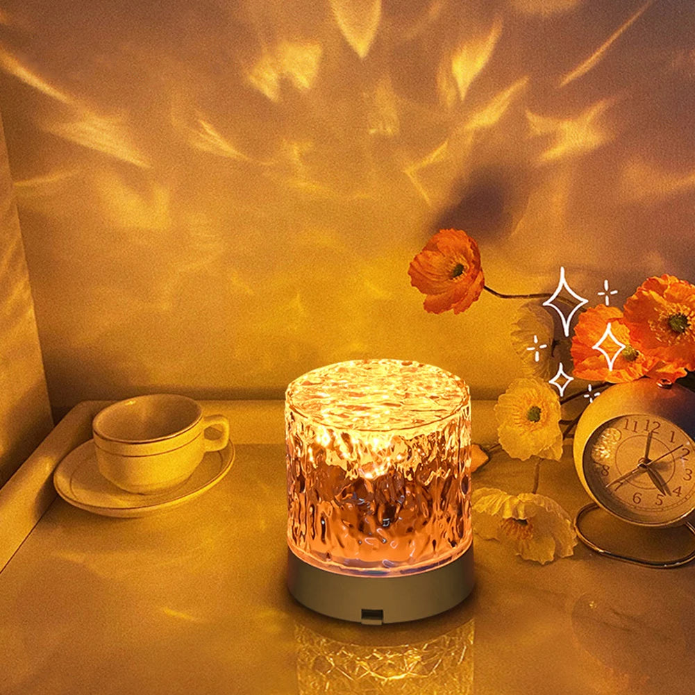 Water Ripple Night Light Touch Control Rotating Water Wave Lamp Projector USB Rechargeable Atmosphere Crystal Lamp Room Decor