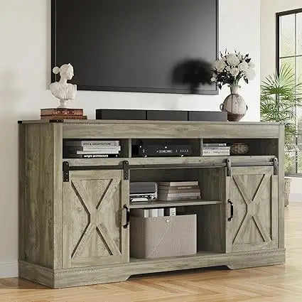 Farmhouse TV Stand for 27-65 Inch TV - Tall Entertainment Center with Storage Cabinets and Sliding Barn Doors
