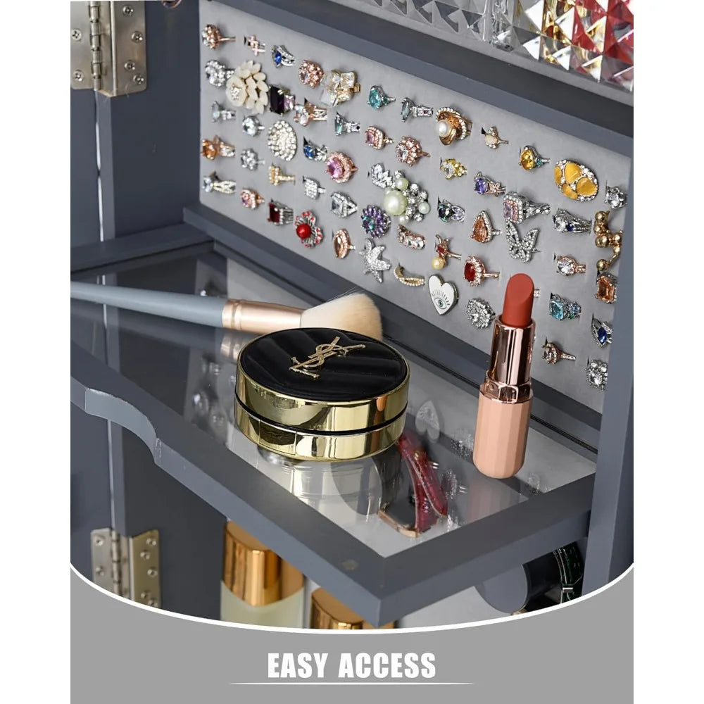 Full-Length Standing Mirror Jewelry Cabinet - 360 Swivel Armoire with LED Lights - Built-in Storage - Large Capacity Shelves & Drawer