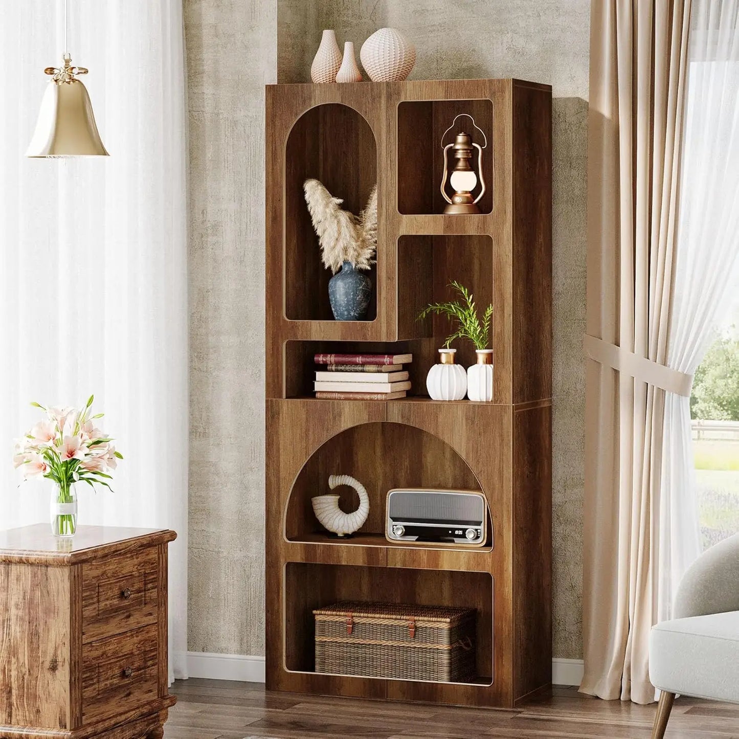 70.87" Tall Geometric Bookshelf - White Arched Bookcase with 5 Irregular Storage Shelves - Free-Standing for Living Room, Bedroom, Office