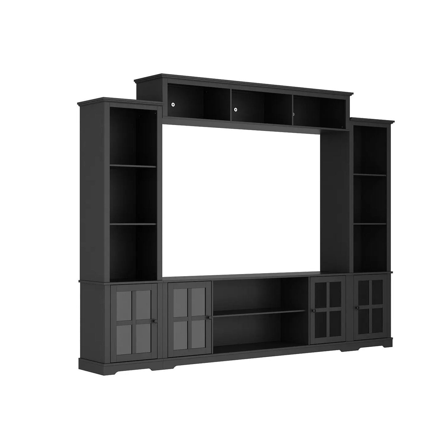 Modern TV Stand for up to 66" TVs - 4-Piece Wall Unit with Bookshelves, Glass Doors & Open Shelves, for Living Room