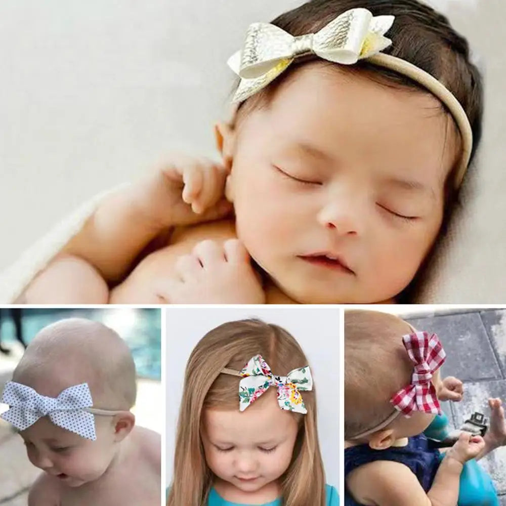 Baby Nylon Headband Bows - 10 Pieces - Handmade Tied Bow For Little Ones & Toddlers - Comfortable, Soft & Stretchy