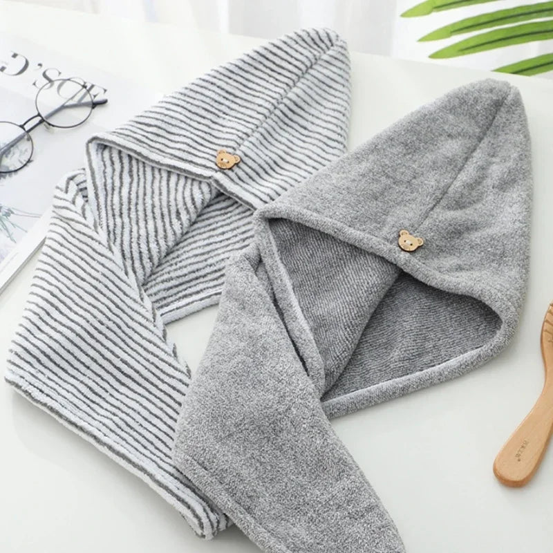Bamboo/Charcoal Micro Fiber Hair Towel Wrap - Quick Dry Turban with Button - Absorbent & Anti-Frizz