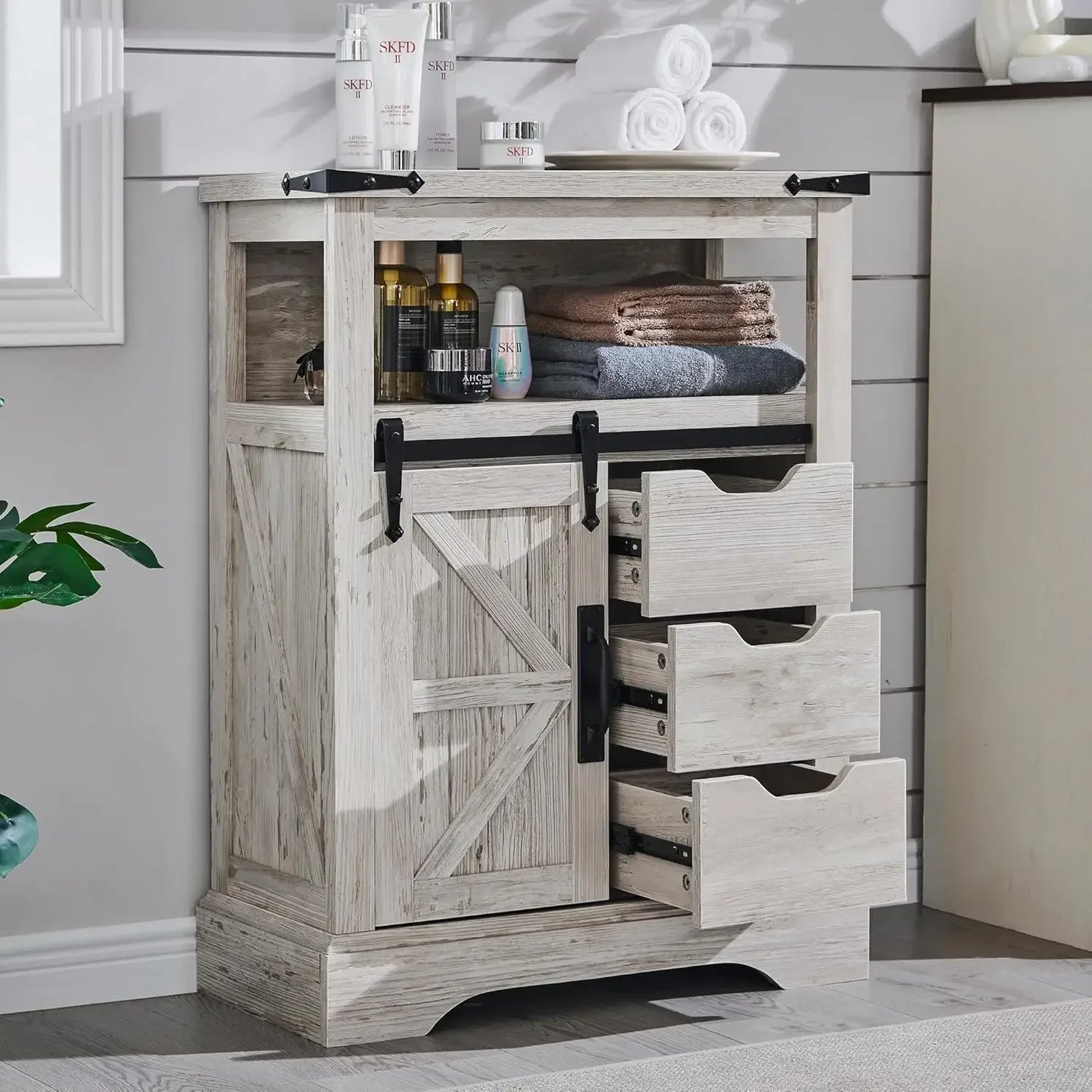 Bathroom Floor Cabinet - Storage Cabinet with Sliding Barn Door & Storage Drawers - Small Storage Cabinet for Office