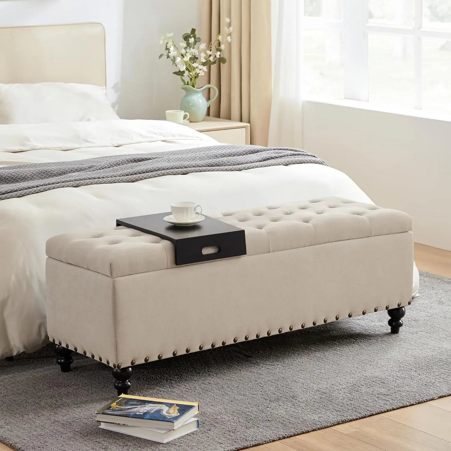 51-inch Storage Ottoman Bench with Removable Tray - Bedroom Bench with Button-Tufted, Safety Hinge Ottoman in Upholstered Fabrics