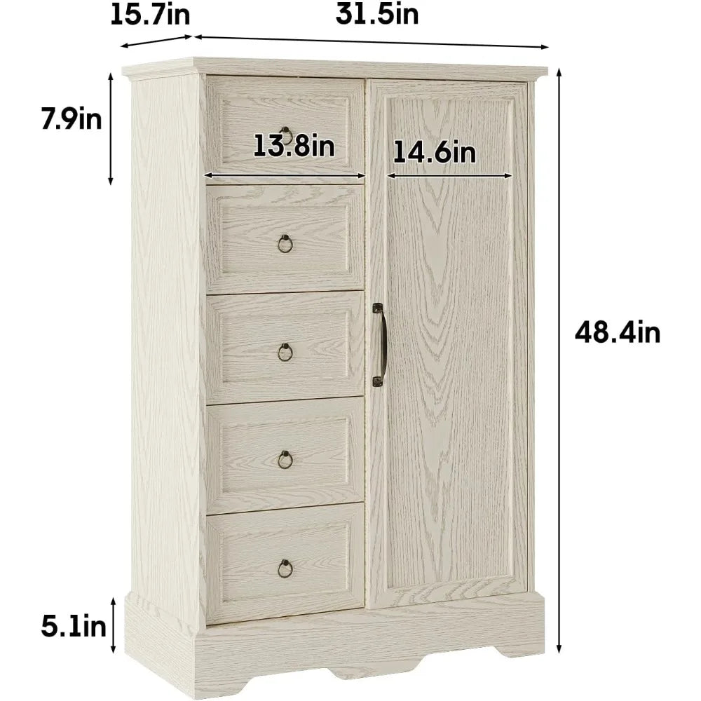 Dresser Storage Cabinet With 5 Drawers and Sliding Barn Door - 48" Tall Wood Rustic Chest for Bedroom, Kitchen Or Office