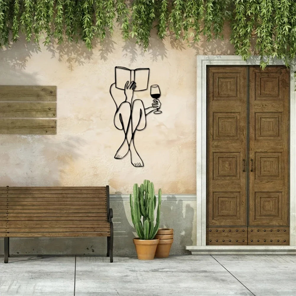 Woman Reading Book & Drinking Wine - Metal Wall Decor