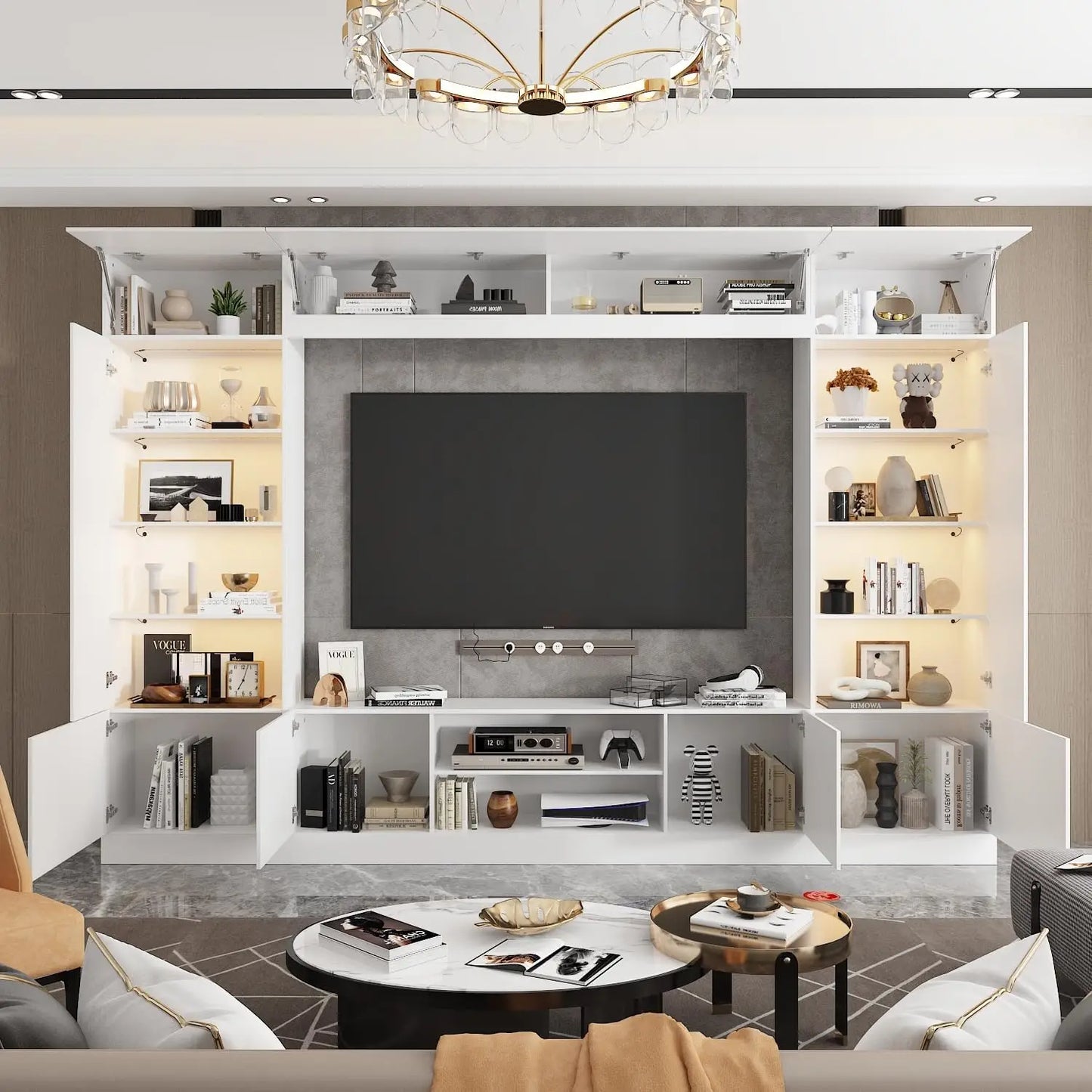114" Large Wall Unit Entertainment Center with Bookshelves, Lights and 18 Shelves - Modern 4-Piece TV Stand Media Console Table