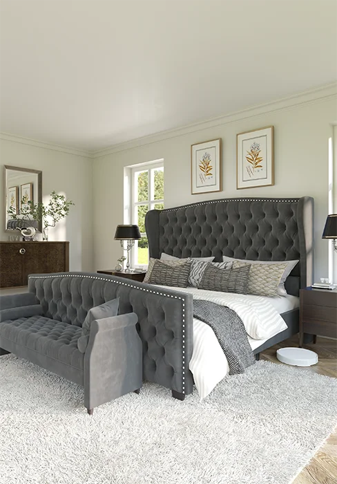 Queen Size Platform Bed Frame - Chenille Upholstered Sleigh Bed with Wingback Headboard - No Box Spring - Cream