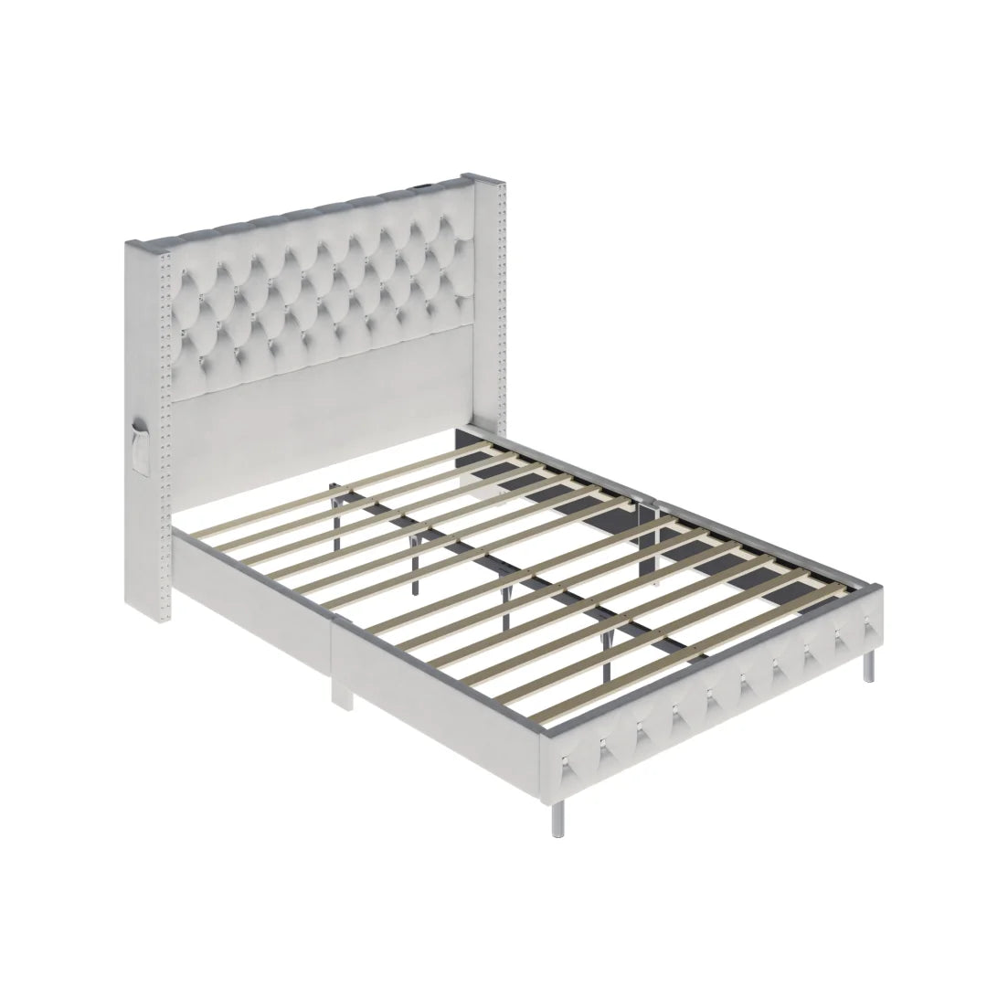 Bed Frame w/ A Wingback Headboard - LED Lights & Charging Station - Modern Upholstered Platform with Diamond Button Tuff