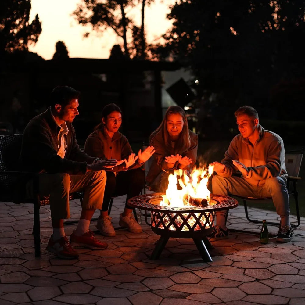 Fire Pit with Poker - 32 inch Outdoor Wood Burning Firepit with Grill