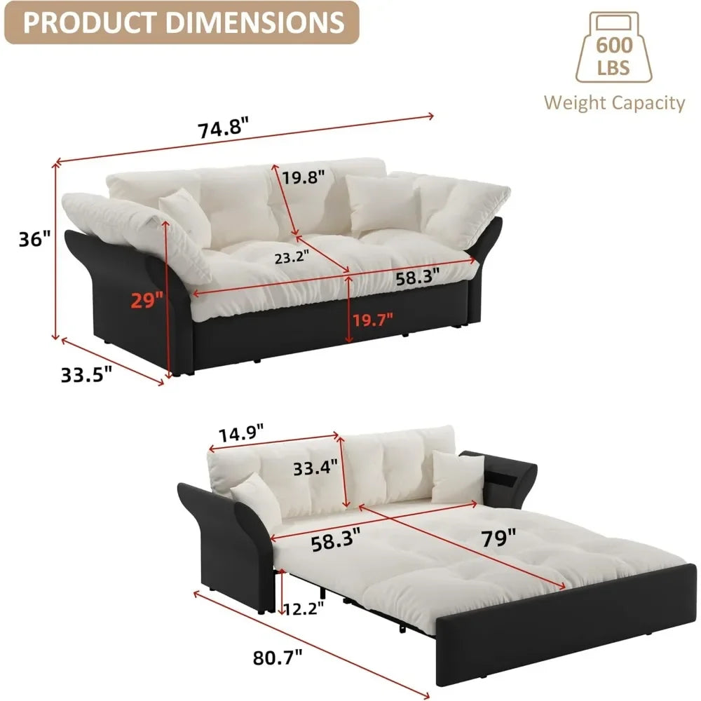 74.8" Queen Pull Out Sofa Bed, 3 in 1 Convertible Sleeper Sofa