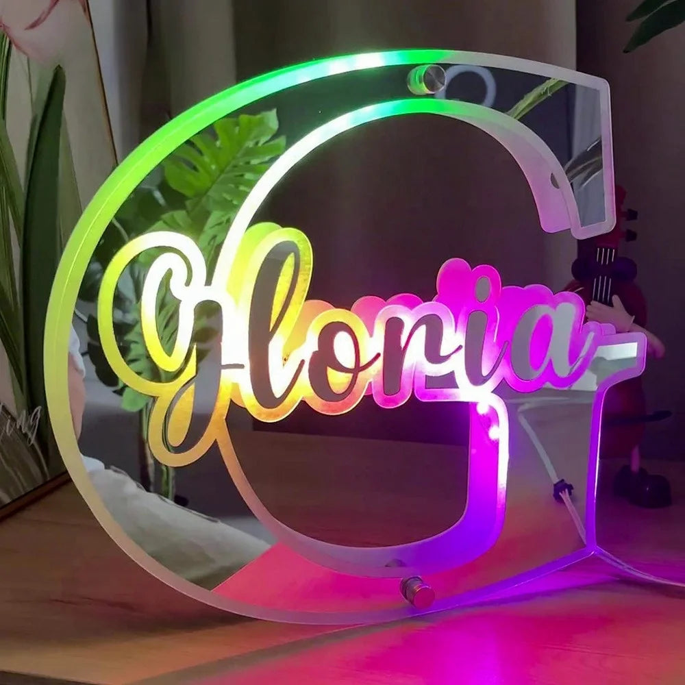 Personalized Name & Letter Mirror Light - 12 Color LED Illumination - For Any Occasion