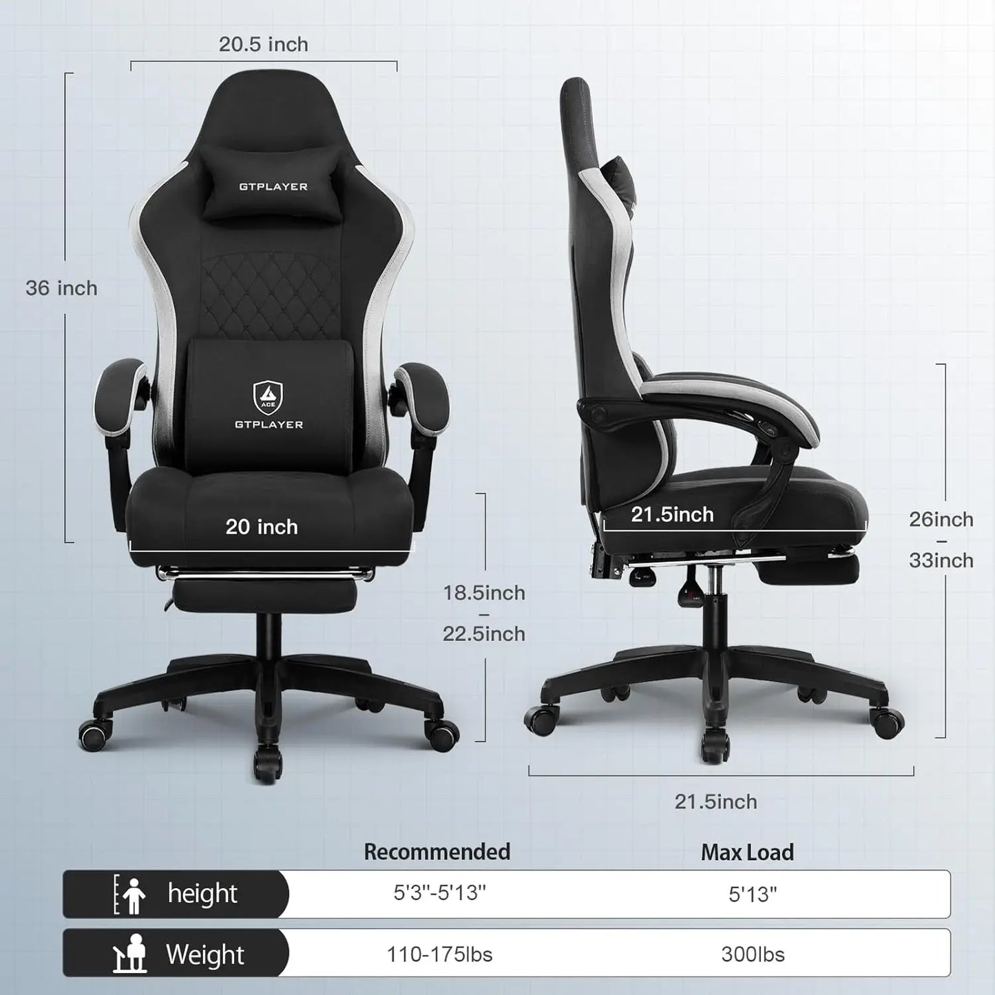 GTPLAYER Gaming Chair, Computer Office Chair with Pocket Spring Cushion, Linkage Armrests and Footrest, High Back Ergonomic Chair