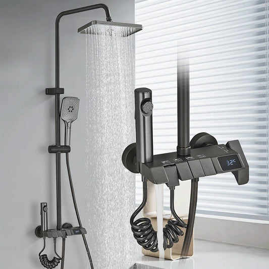 Rozin Black Smart Digital Display Shower Faucet Set - Piano Style Rainfall Bathroom System - Grey Digital Mixer Tap & Bidet Shower