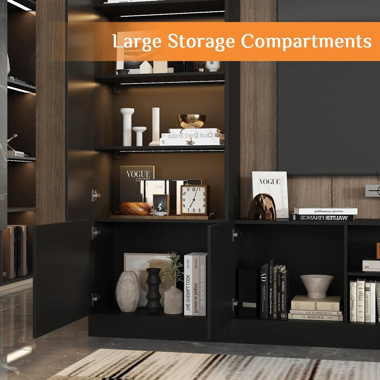 114" Large Wall Unit Entertainment Center with Bookshelves, Lights and 18 Shelves - Modern 4-Piece TV Stand Media Console Table