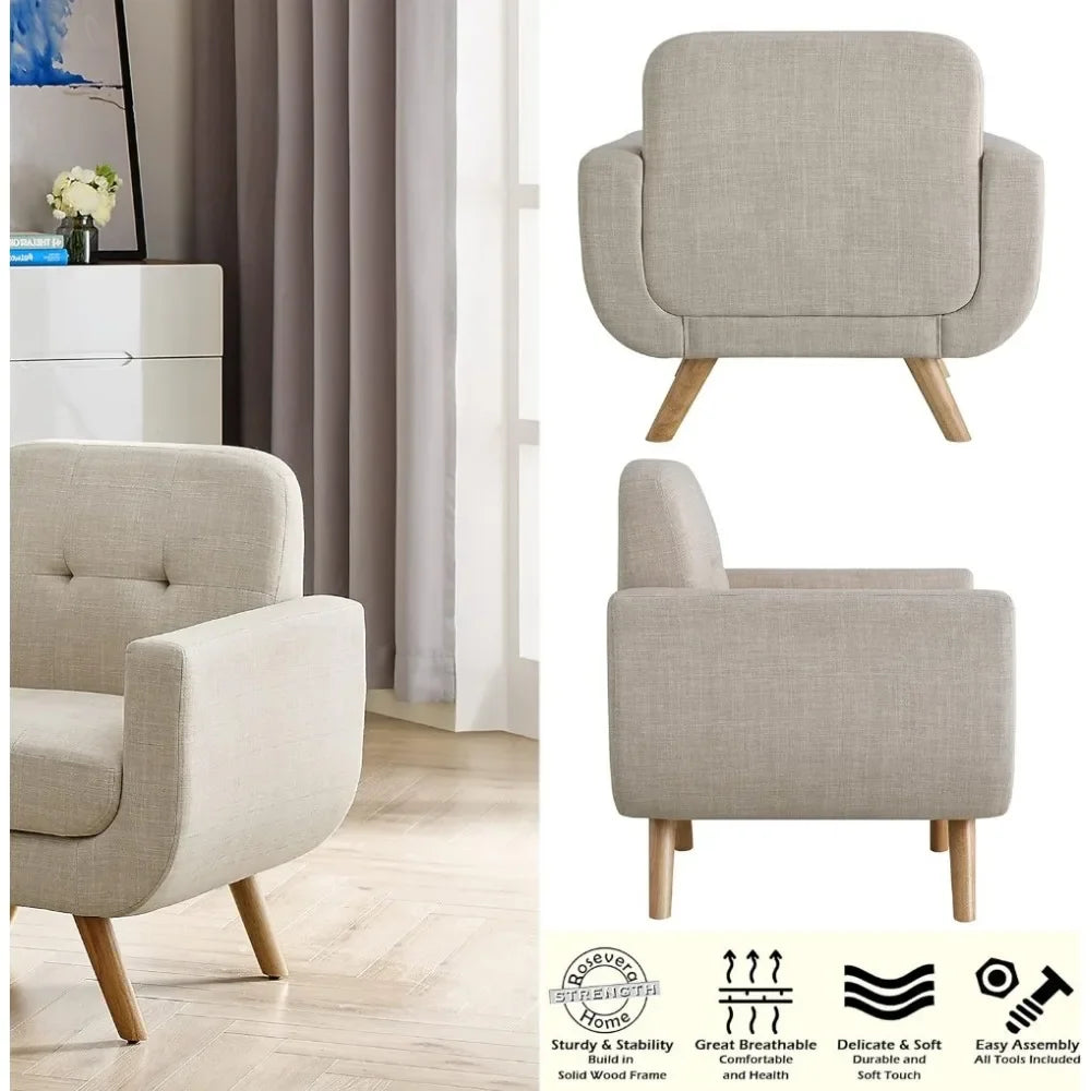 Elena Contemporary Accent Armchair with Linen Upholstery, Beige