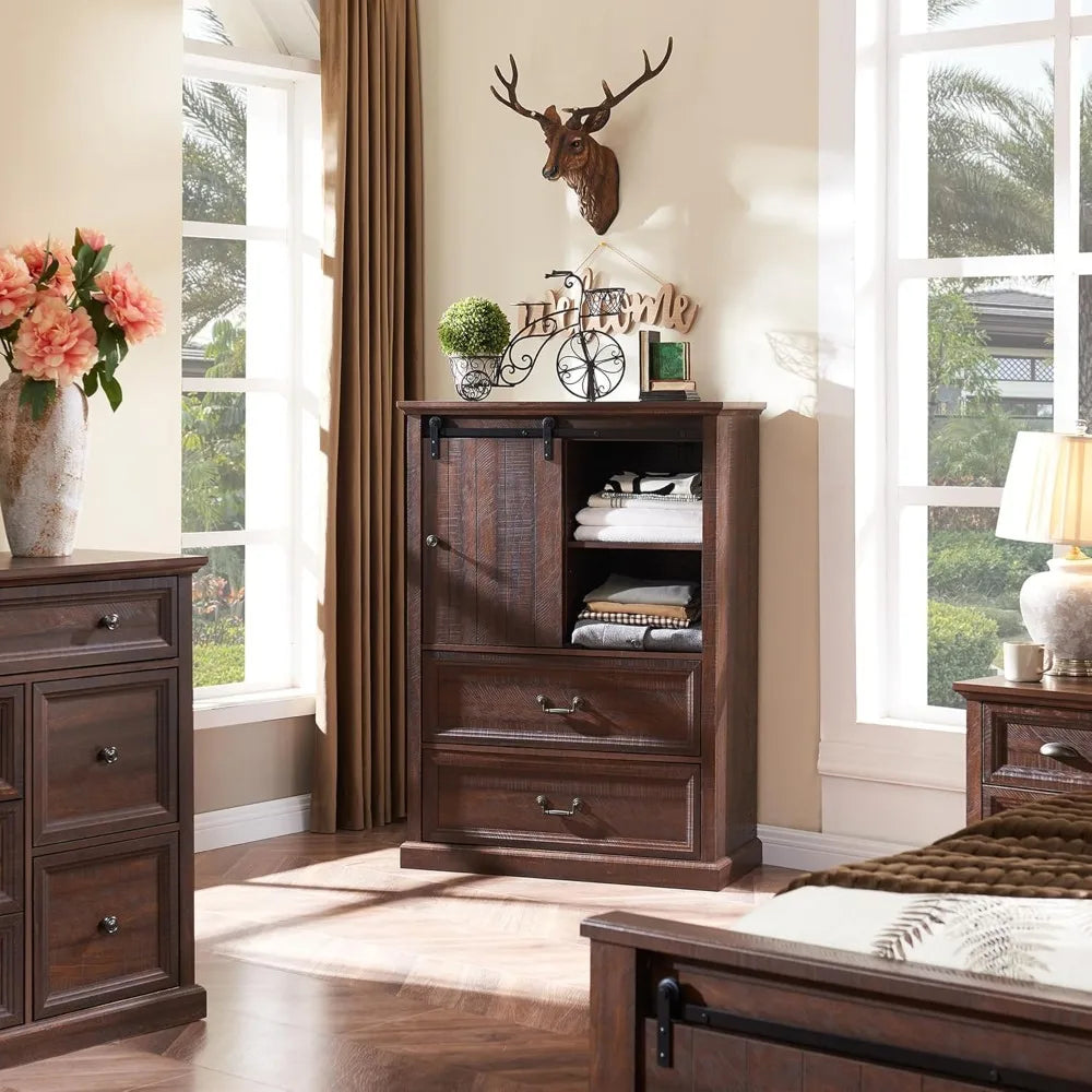 5 Drawers Dresser for Bedroom - 47" Tall Chest of Drawers w/Sliding Barn Door