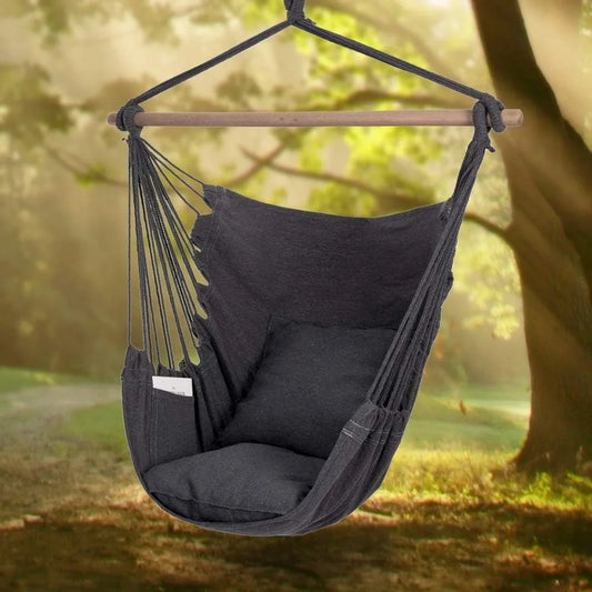 Hammock Chair Hanging Rope Swing Chair - Max 500 Lbs - 2 Seat Cushions Included - Removable Steel Spreader Bar