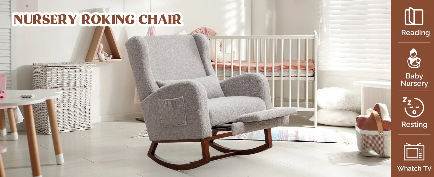 Rocking Chair with Foot Rest - Wingback Nursery Rocking Chair - Teddy Nursing Rocker Chair with Pillow