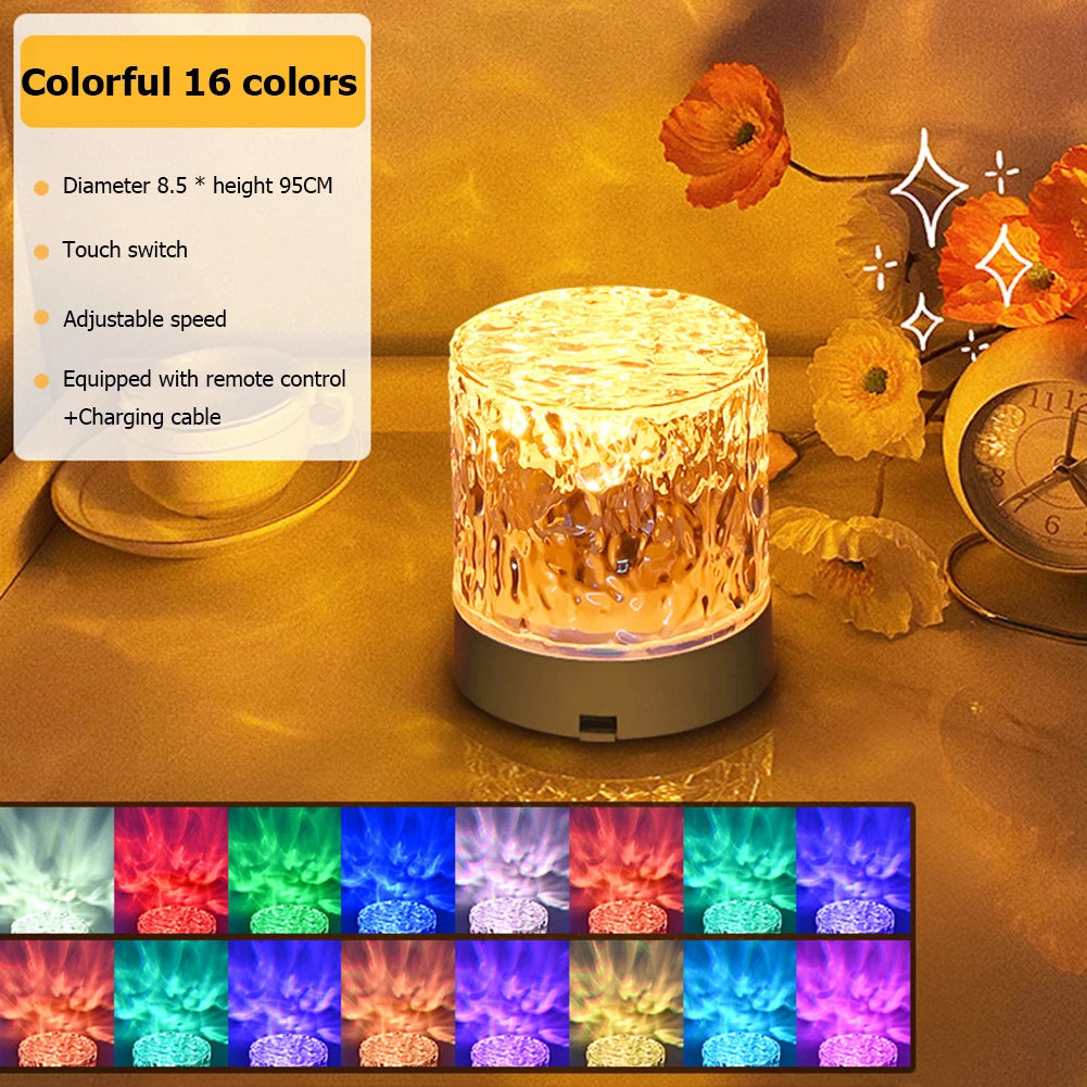 Water Ripple Night Light Touch Control Rotating Water Wave Lamp Projector USB Rechargeable Atmosphere Crystal Lamp Room Decor