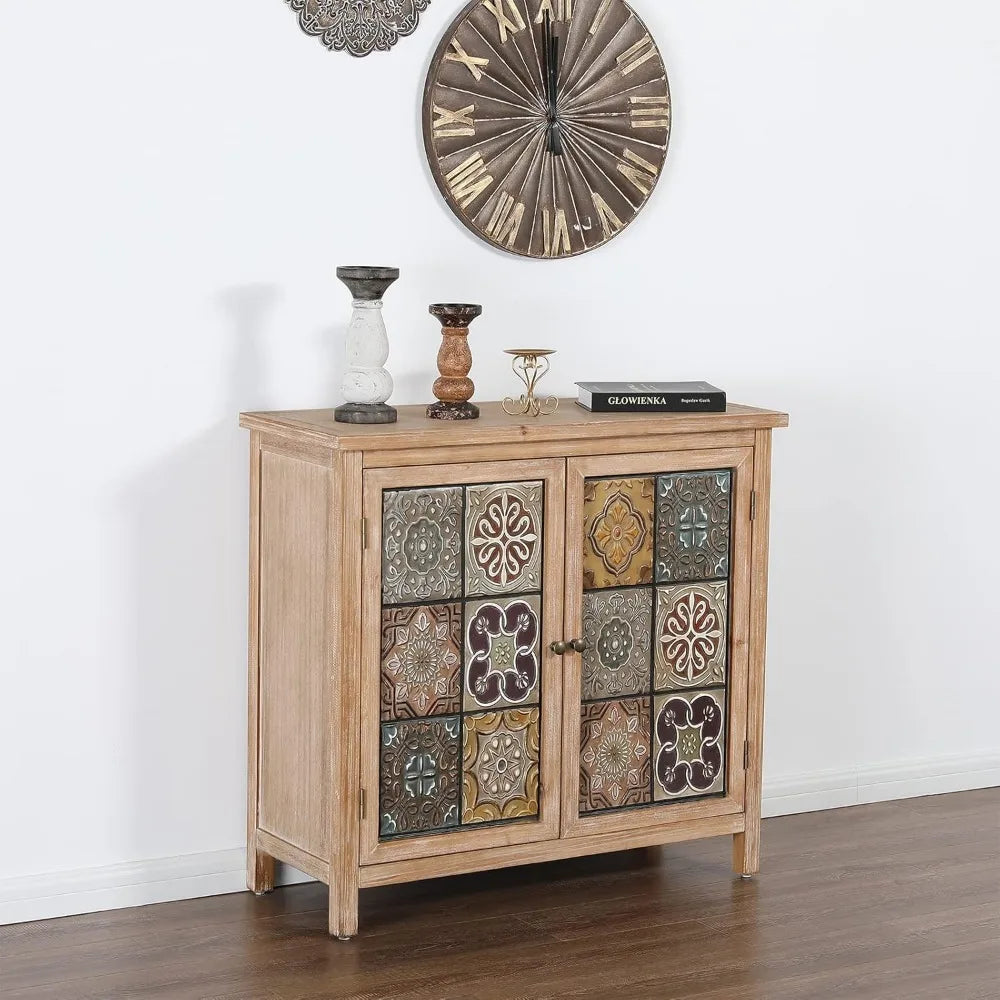 Sophia & William Accent Cabinet with 2 Doors - Distressed Storage Cabinet with Wood Frame and Checkered Patterns - Other Designs