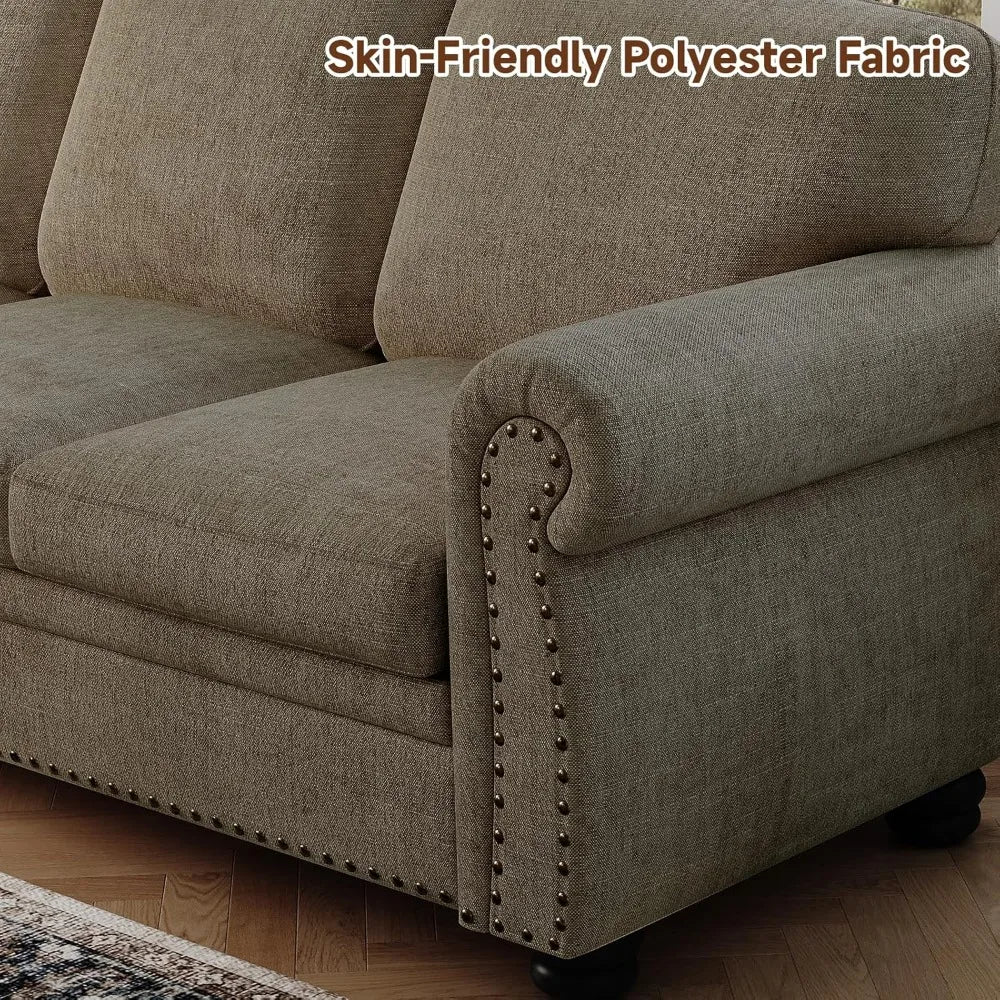 90" Nail Head Decorative Sofa - Comfortable Cushioned 3-seat Velvet Sofa with Wooden Legs - 23" Deep Seat Roller Arm Sofa