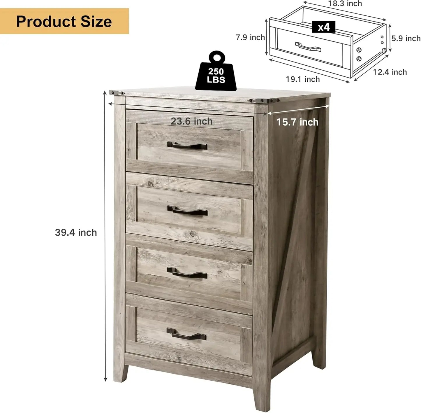 4PCS Farmhouse Dresser Set - Dresser, Chest Of Drawers and Nightstand Sets - Rustic Wooden Dresser Set