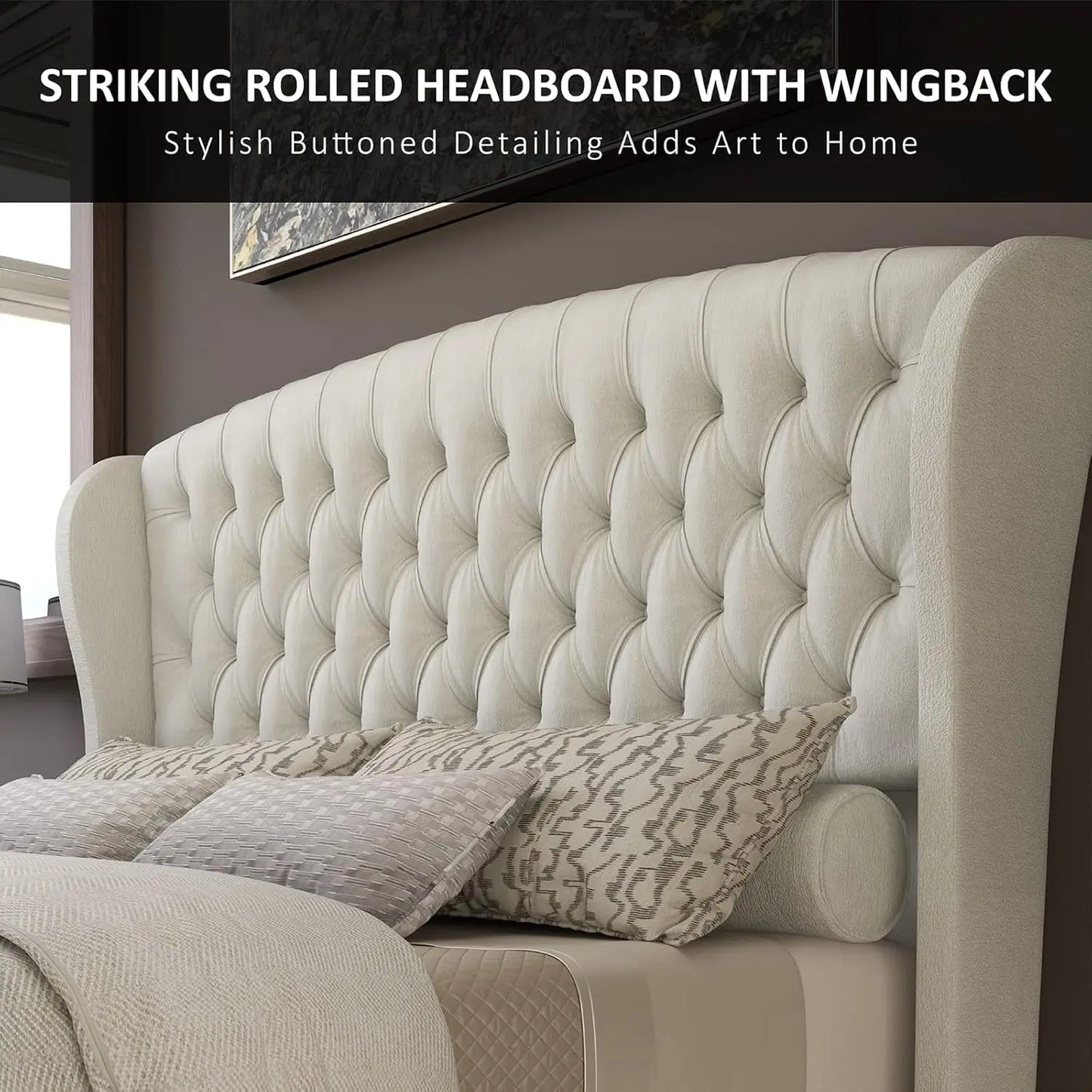 Queen Size Platform Bed Frame - Chenille Upholstered Sleigh Bed with Wingback Headboard - No Box Spring - Cream
