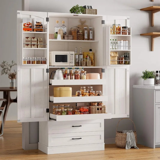 71" Tall Kitchen Pantry Cabinet with 3 Pull Out Shelves & 2 Large Drawers - Pantry Storage Cabinet with 6 Door Shelves