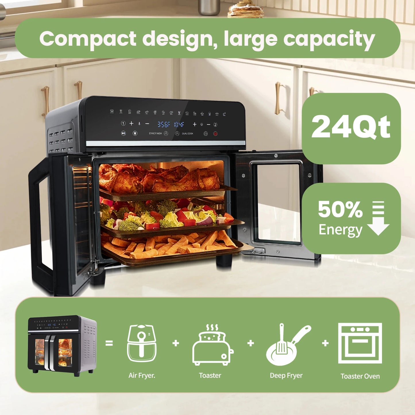 Dual Zone Hot Air Fryer - 24QT - XXL Oven with LED Touch Screen - 15 in 1, Luxury Accessories with Recipe Book