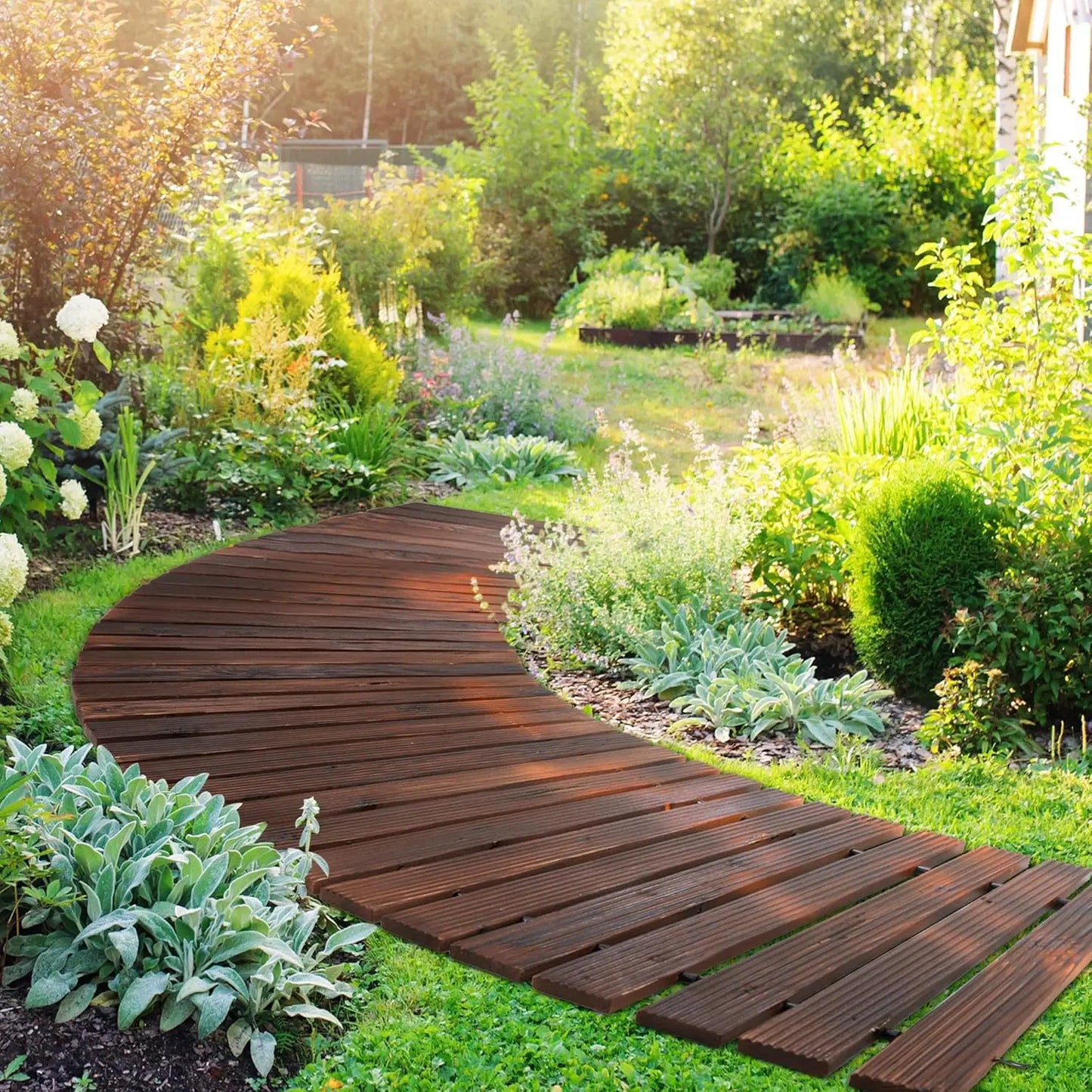8FT Wooden Garden Pathway - Curved Outdoor Walkway Roll Out Cedar Wood (Brown)