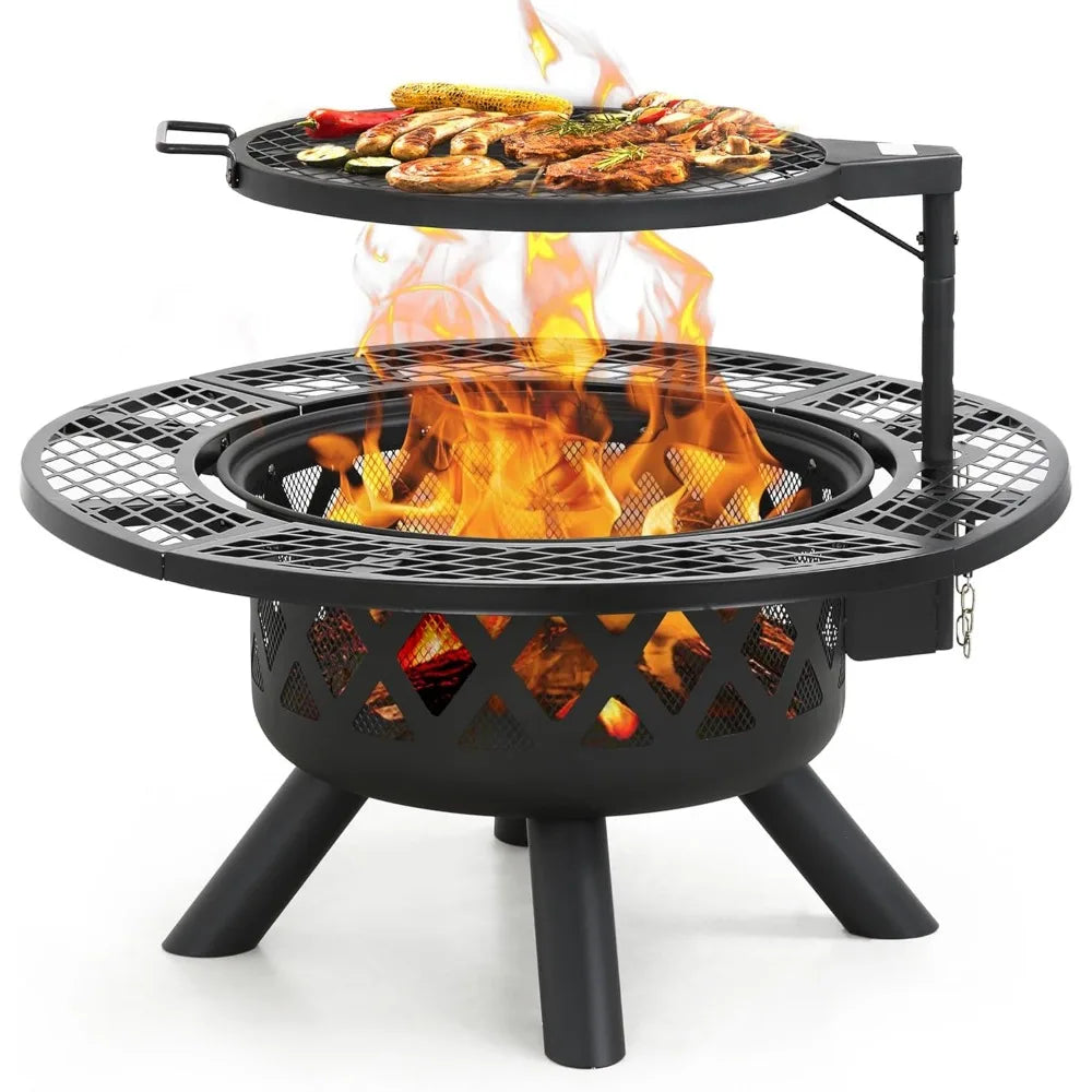 Fire Pit with Poker - 32 inch Outdoor Wood Burning Firepit with Grill