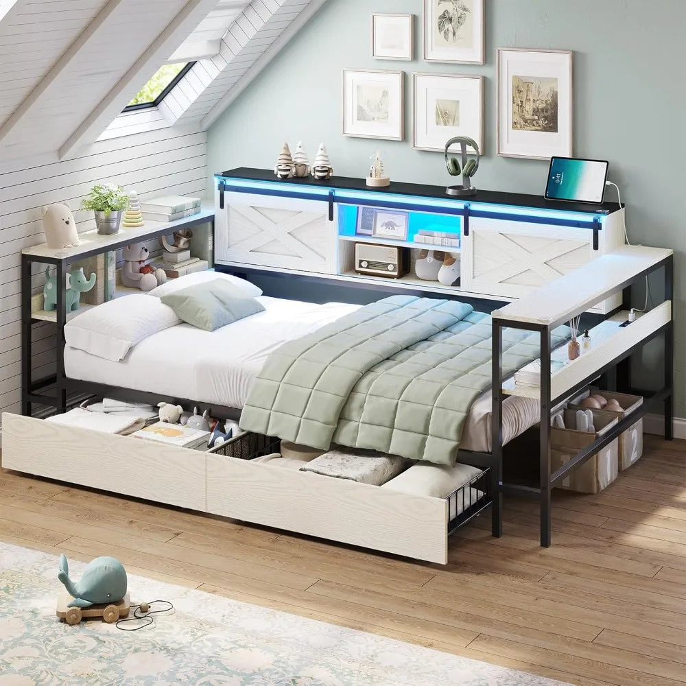 DICTAC Corner Twin XL Bed Frame with Storage Drawers -Charging Station and Led Lights - Daybed with Storage