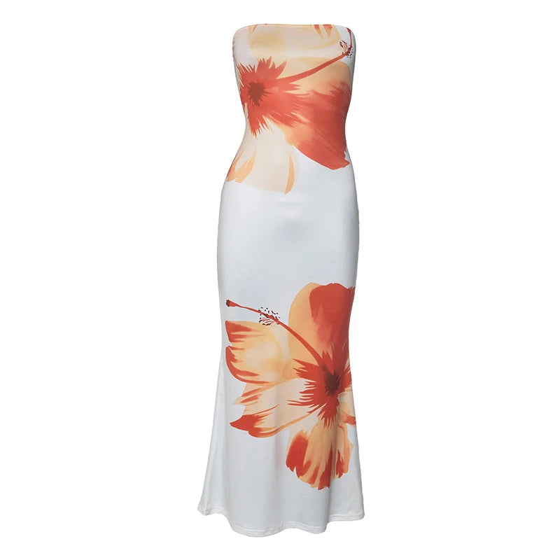 2025 New Floral Print Sleeveless Dress - Off Shoulder, Slim Fit - Floor Length Dress