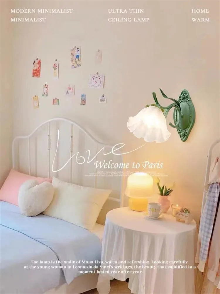 French Flower Wall Light Sconce - Moves Up & Down - Iron Base & Frosted Glass - Indoor Decoration
