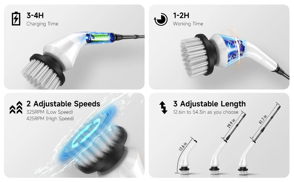 Electric Powerful Spin Scrubber With 8 Replaceable Brush Heads & Detachable Extension Handle - USB Cord