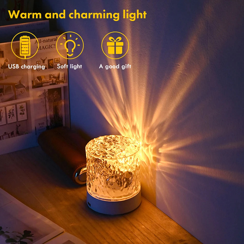 Water Ripple Night Light Touch Control Rotating Water Wave Lamp Projector USB Rechargeable Atmosphere Crystal Lamp Room Decor