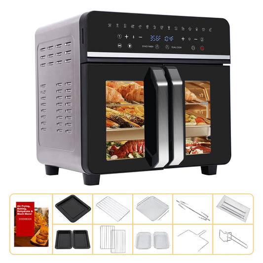 Dual Zone Hot Air Fryer - 24QT - XXL Oven with LED Touch Screen - 15 in 1, Luxury Accessories with Recipe Book